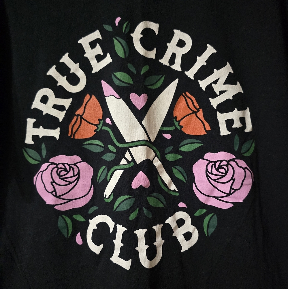 Forensics & Flowers True Crime Club Relaxed Fit Black Graphic Tee, Unisex, EUC! - Picture 3 of 7